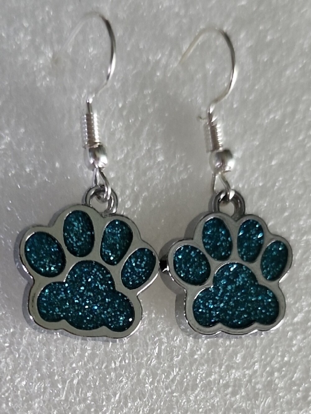 Hand Crafted Teal Glitter Paw Print Earrings